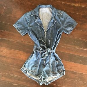 ADORABLE denim romper with plunge neckline